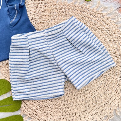 Conj. Blusa Coração com Flores Bordadas e Short Listrado - Azul Jeans